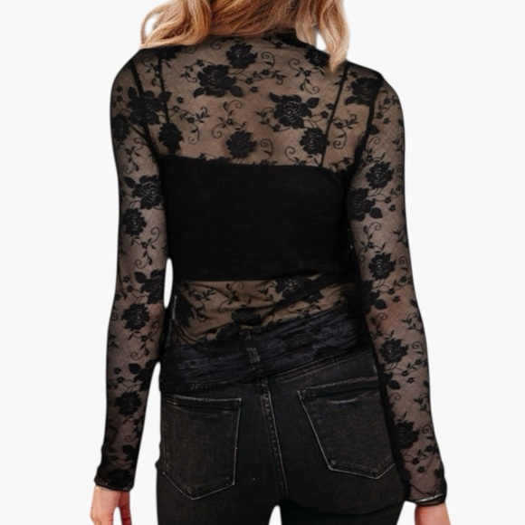 New Boutique Black Mesh Lace Women Top - Picture 2 of 2